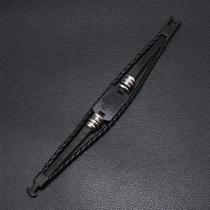 Men's multilayer leather bracelet with braided ropes and black tiger head metal plate