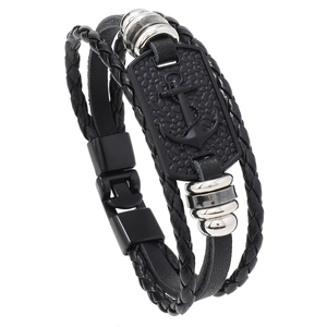 Men's multilayer black braided leather bracelet with silver beads and anchor metal plate