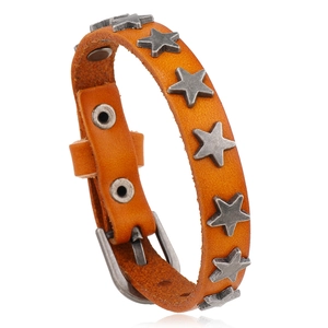 Men Punk Cowhide Leather Belt Bracelet Alloy Star Studded Retro Hip Hop Adjustable Wristband Personality Rock Jewelry Bangle