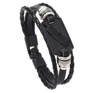 Men's multilayer leather woven bracelet with silver feather engraved metal plate