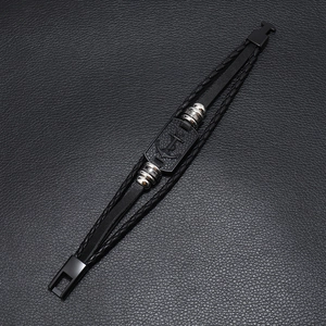 Men's multi-layer braided black leather bracelet with silver anchor motif metal plaque