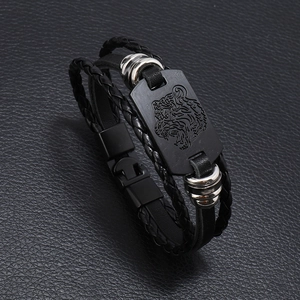 Men Vintage Multi Layer Braided Cowhide Leather Bracelet Tiger Head Metal Plate Punk Rock Adjustable Hand Jewelry For Men