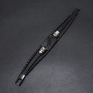Men's punk feather plaque multilayer braided leather bracelet with black magnetic clasp