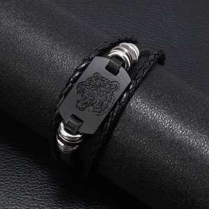Men's multilayer braided leather bracelet with black tiger head metal plaque