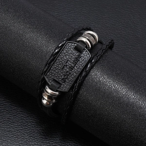 Men's black multi-layer braided leather bracelet with God Bless cross metal plaque