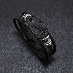 Men Punk Vintage Multi-Layer Woven Leather Bracelet With Feather Alloy Nameplate Handmade Braided Wristband Jewelry Gift