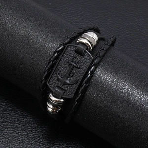 Men's nautical anchor braided leather bracelet with multilayered black punk styling