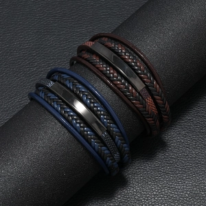Bracelet rétro multicouche en cuir tressé pour hommes avec fermoir magnétique en acier