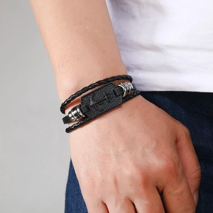 Men's multilayer braided leather anchor bracelet with silver beads and metal plate
