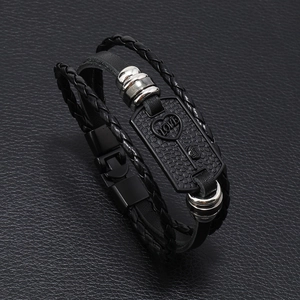 Bracelet Multicouche en Cuir de Vache Tressé pour Homme Alliage Cœur Clé Love Plaque Métallique Style Punk Bijoux de Mode