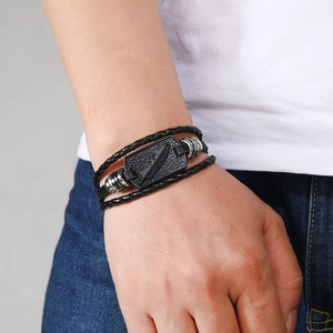 Men's punk multilayer braided leather bracelet with feather engraved metal plate charm