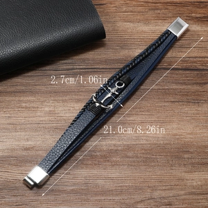 Detail of multi-layer leather bracelet with silver anchor and 21cm size measurements