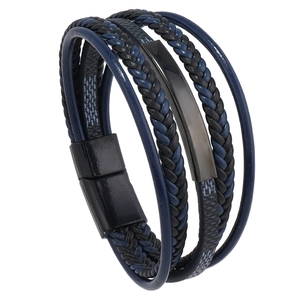 Bracelet multicouche en cuir tressé pour homme avec fermoir magnétique en métal noir