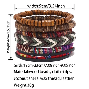 Detail showing bohemian woven bracelets with wooden beads, ethnic fabric and leather bands