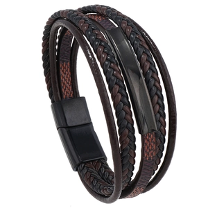 Bracelet multicouche en cuir tressé pour homme avec fermoir magnétique marron orange