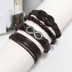Men's retro brown leather bracelet set with infinity symbol and wooden beads