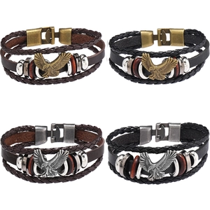 Retro Punk Men Eagle Leather Bracelet Handmade Braided Multi Layer Alloy Charm Wood Beads Vintage Rock Jewelry Wristband