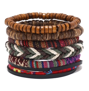 Detailed stack of Bohemian handmade woven bracelets with ethnic wood beads and fabric