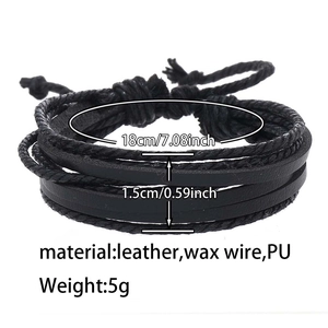 Detail showing dimensions of 18cm black braided leather bracelet with multilayer textures