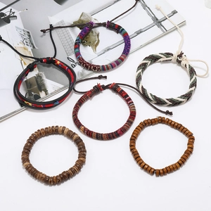 6-piece bohemian handmade woven bracelets with ethnic style wooden beads on white backdrop