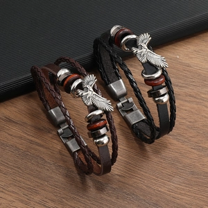 Vintage punk multilayer leather bracelets with silver eagle alloy charm for men