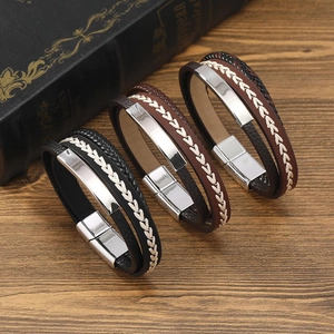 Men Vintage Multi Layer Braided Leather Bracelet With Alloy Magnetic Clasp Punk Hand Woven Cowhide PU Leather Wrap Wristband