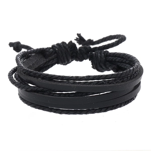 Multilayer black woven leather bracelet with adjustable slide knot for men and women