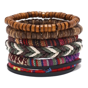 Bohemian Ethnic Style Multilayer Bracelet Set Handmade Wood Bead Braided Rope Leather Wrap Bracelet For Women Men Travel Jewelry