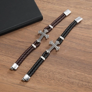 Two-piece braided leather bracelets set with vintage silver cross charms for men