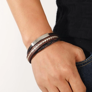 Multi-layer woven leather bracelet for men with rectangular silver metal plate detail