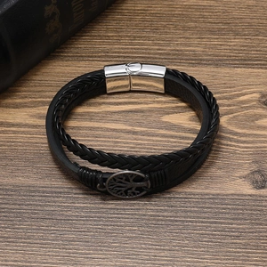 Bracelet pour homme en cuir noir tressé double épaisseur avec breloque arbre de vie et fermoir