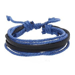 Detail of multi-layered braided bracelet with blue wax ropes and black leather bands