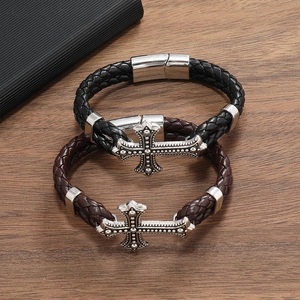 Men's double-layer braided leather bracelets with silver metal cross charm in black and brown