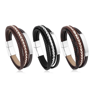 Men's retro multilayer braided leather bracelets with polished magnetic metal clasps