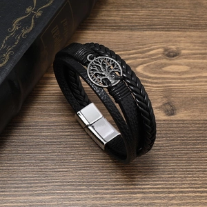Bracelet Tressé en Cuir PU Multicouche pour Homme Avec Accessoire en Alliage Arbre de Vie Fermoir Magnétique Bijoux Rétro