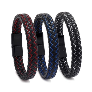 Three multi-layer braided leather bracelets for men with magnetic metal clasps in black
