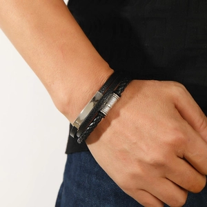 Men's multilayer braided leather bracelet with stainless steel plate on wrist