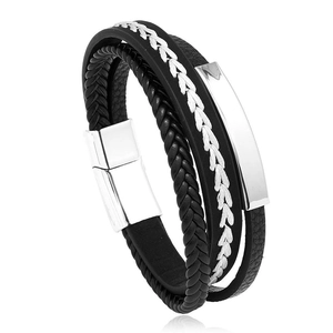 Men's multi-layer woven leather bracelet with polished silver stainless steel plate