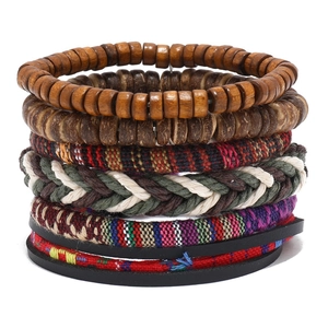 Bohemian stacked bracelet set featuring natural wood beads and braided ethnic ropes