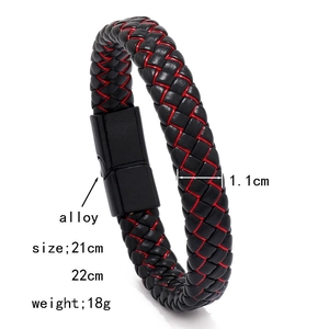 Detail view of woven leather bracelet with alloy clasp showing 1.1cm width and dimensions