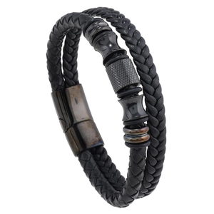 Bracelet pour hommes en cuir tressé double avec anneaux mats et fermoir magnétique