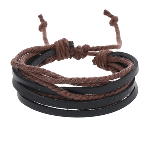 Detail of multi-layer woven leather bracelet with adjustable braided knot closure
