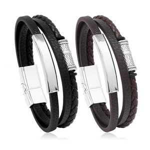 Men's multi-layer braided leather bracelet set with magnetic clasp in black and brown