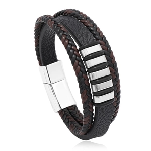 Bracelet multicouche en cuir tressé pour homme avec anneaux et fermoir magnétique