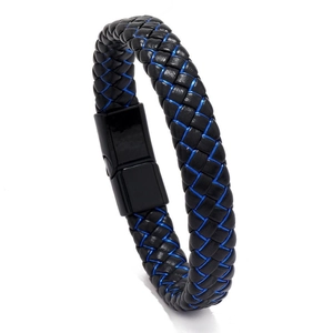 Men's retro braided leather bracelet with blue metal threads and magnetic clasp