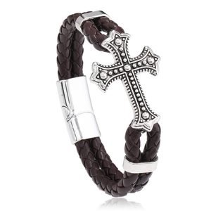 Retro cross woven double-layer brown leather bracelet with silver magnetic buckle