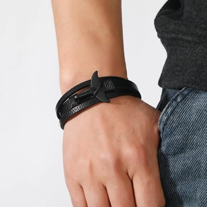 Men's multilayer black leather bracelet with a matte black whale tail anchor pendant