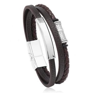 Multilayer men's brown braided leather bracelet with silver magnetic clasp and metal plate