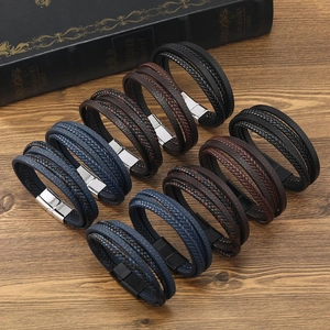 Bracelet Multicouche en Cuir Véritable Tressé pour Hommes Avec Fermoir Magnétique Alliage Géométrique Tissé à la Main Bijoux
