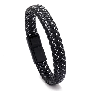 Macro view of multi-layer black braided leather cord and mirror-finish magnetic clasp